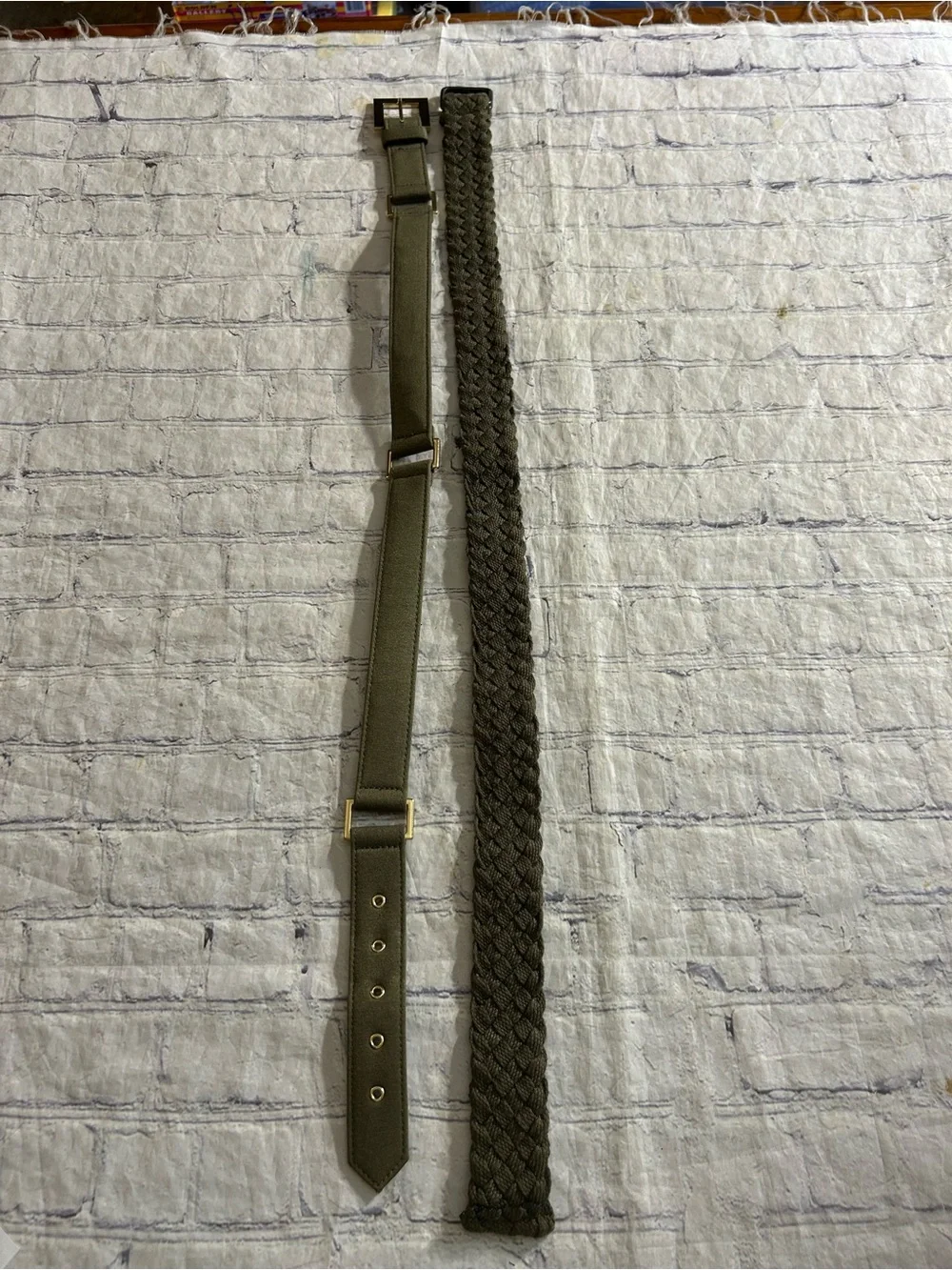 OLIVE GREEN WOVEN AND OLIVE GREEN WITH GOLD TONE HARDWARE (2) BELTS